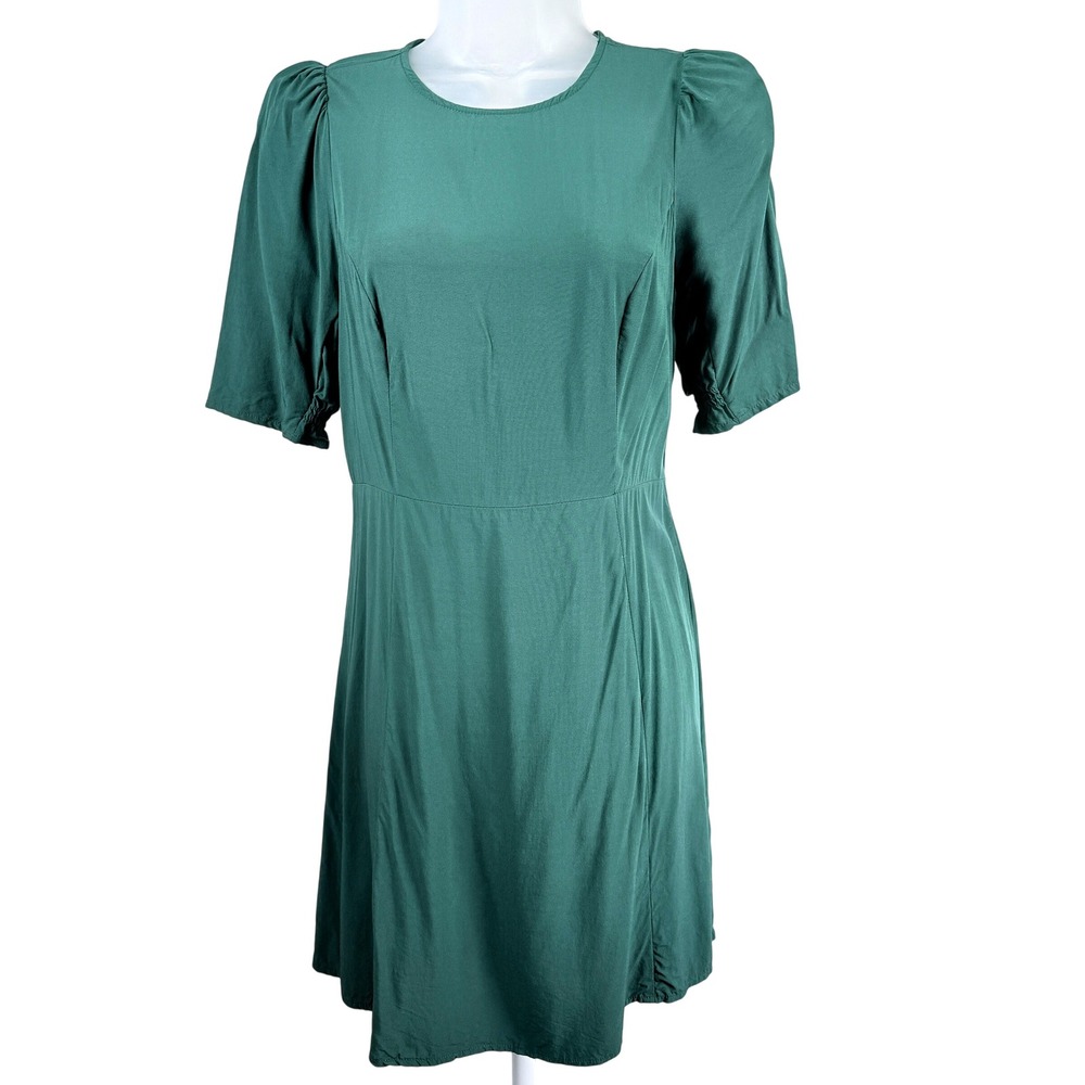Old Navy Emerald Green Fit Flare Mini Dress S Puff Sleeve Smocked Cutout Back